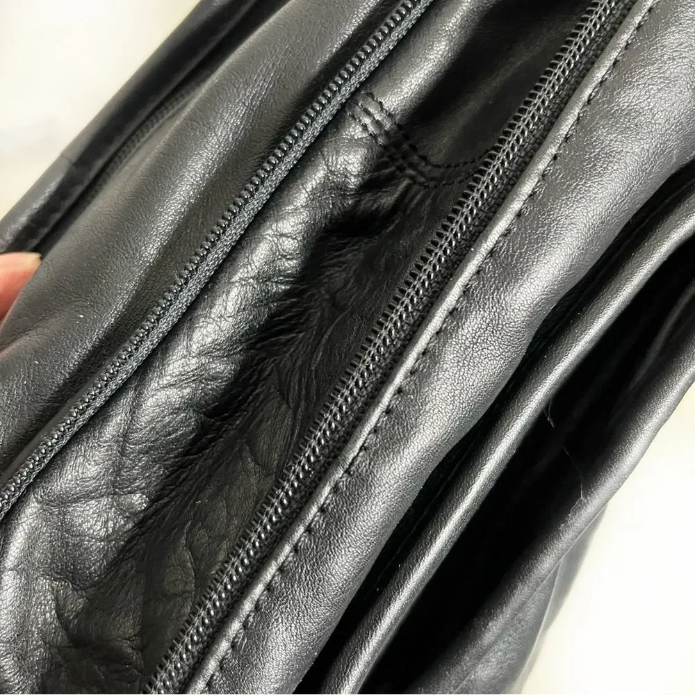 TUMI Black Leather Bag Laptop Multi Pockets Zippers Top Handles Shoulder Strap
